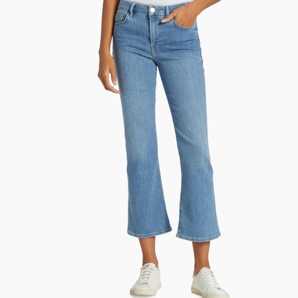 Frame Le Crop Mini Boot Jonah High Rise Raw Hem Jeans Blue 32 Kick Flare Stretch